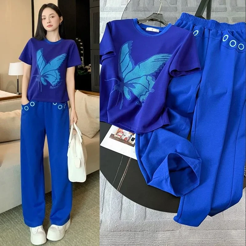 2025时尚设计感运动休闲套装女蓝色印花圆领T恤短袖阔腿裤两件套