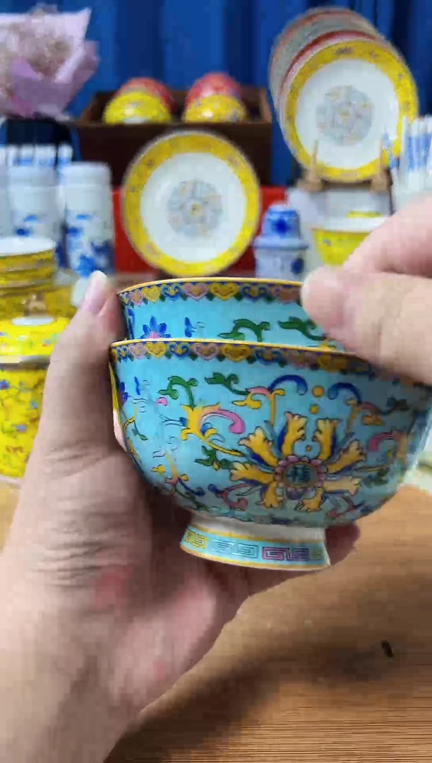 景德镇高温珐琅彩陶瓷米饭碗4.5英寸天湖蓝2个