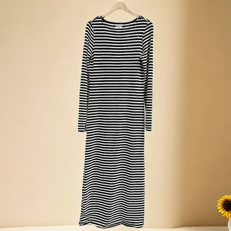 A438出口欧美风格修身简约显瘦百搭气质连衣裙条纹秋季长裙中长款