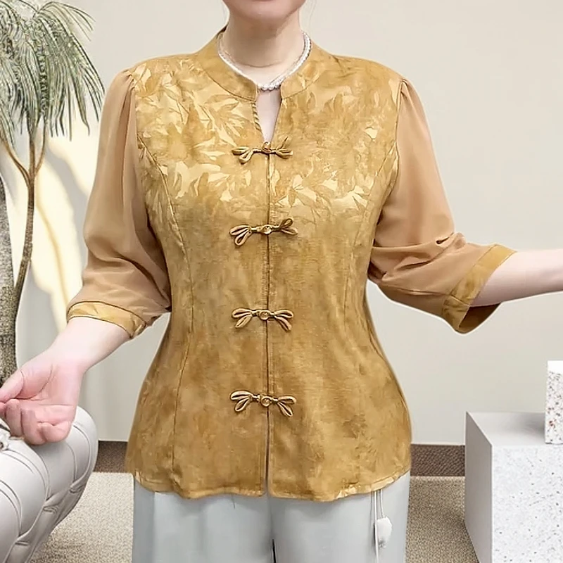 时尚气质中国风盘扣拼接纱袖开衫夏季新款宽松显瘦中老年妈妈装