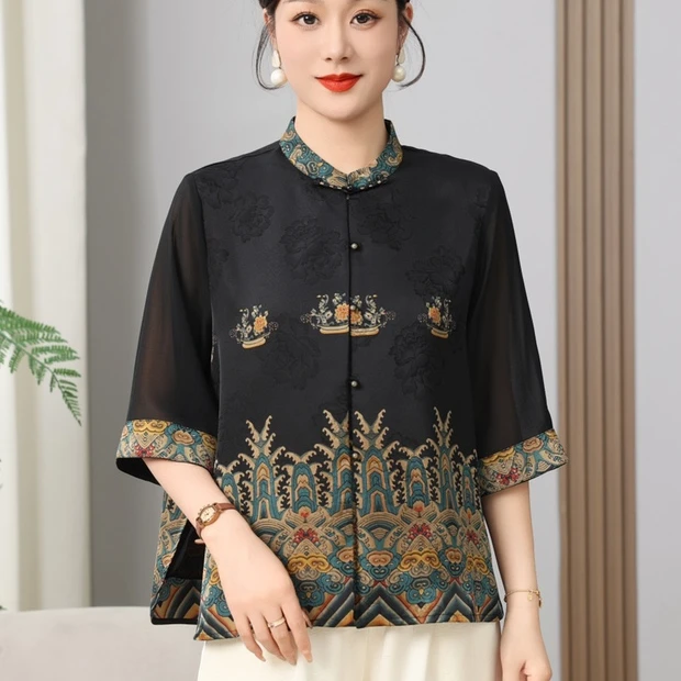 复古花纽扣碎花长裤中老年女装印花衬衣小衫提花夏装汉服5521