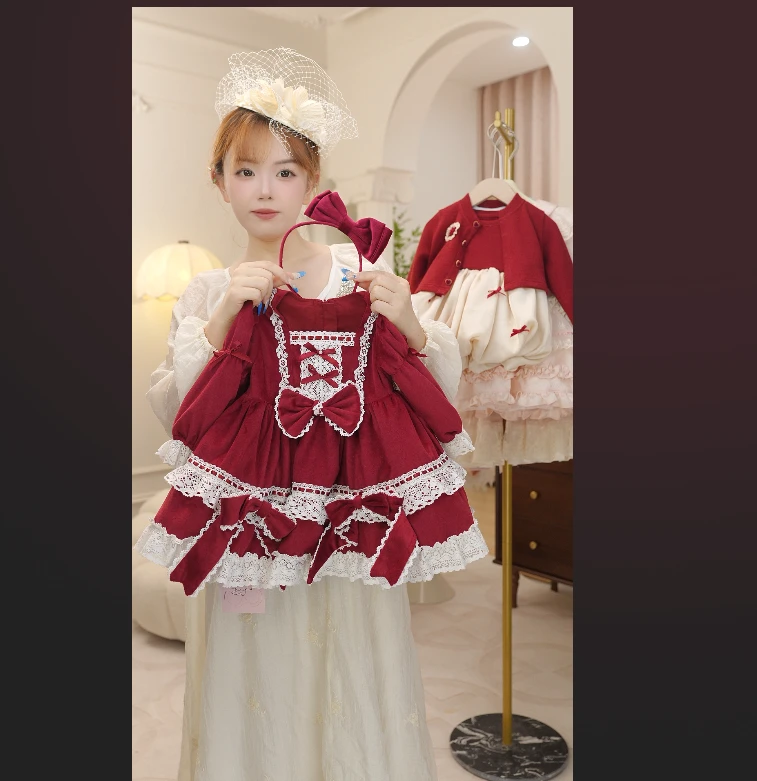 【peachey】女童蓬蓬洛丽塔连衣裙红色周岁生日礼服春节丝绒公主裙