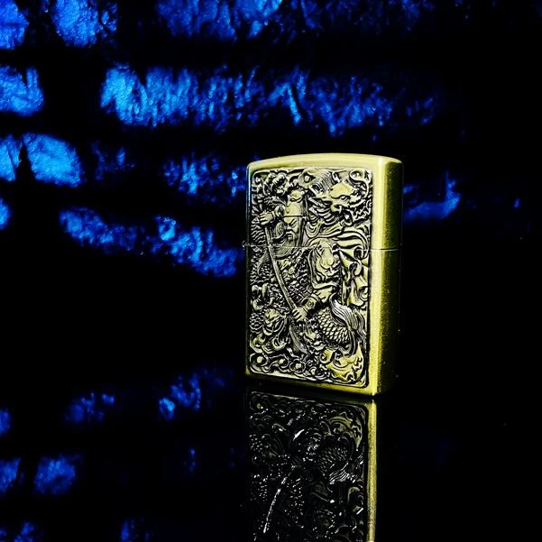 武关公礼盒装复古耐用超薄设计经典金色煤油打火机创意盔甲机