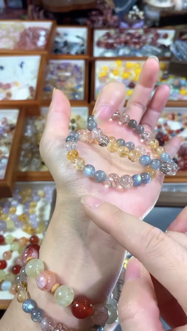 未镶嵌手串水晶月牙】天然灰月光黑金超七黄塔晶手串