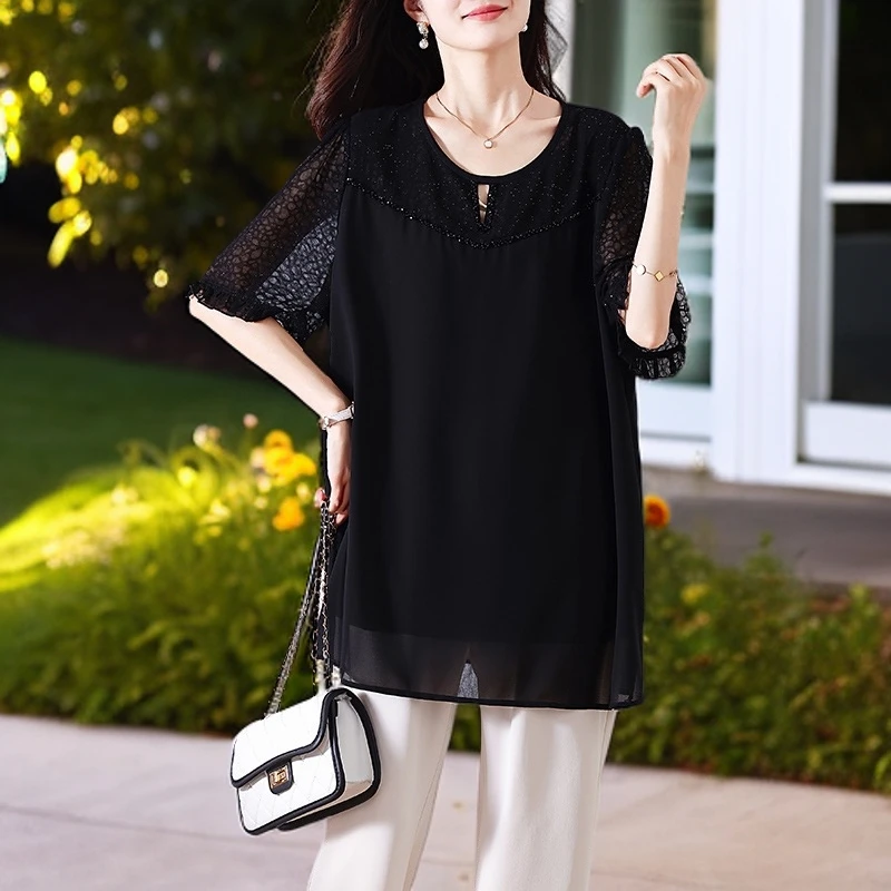 百搭时尚钉珠镂空黑色拼接短袖雪纺衫女夏季新款大码中长款上衣女