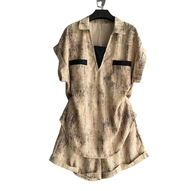 高级感欧货夏装V领上衣搭配短裤套装减龄显瘦薄款