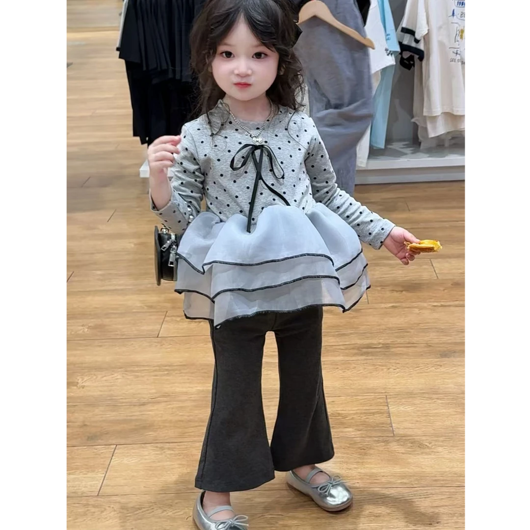 女童套装2025秋季新款波点设计感花边上衣喇叭裤女宝洋气两件套潮