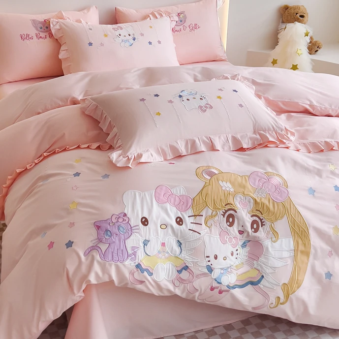 儿童纯棉四件套女孩公主风全棉卡通可爱床单被套床上三件套床笠4