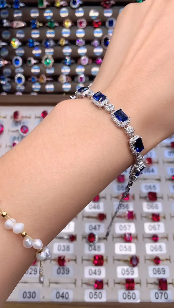 蓝宝石手链银S925镶嵌白