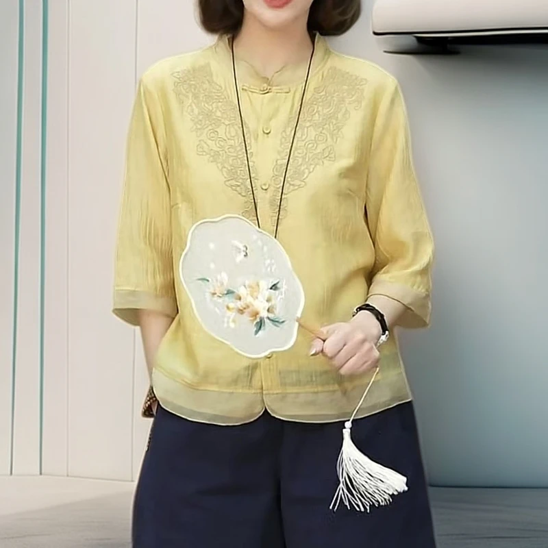 004短袖衬衫女夏季2025新款时尚洋气新中式七分袖妈妈薄衬衣