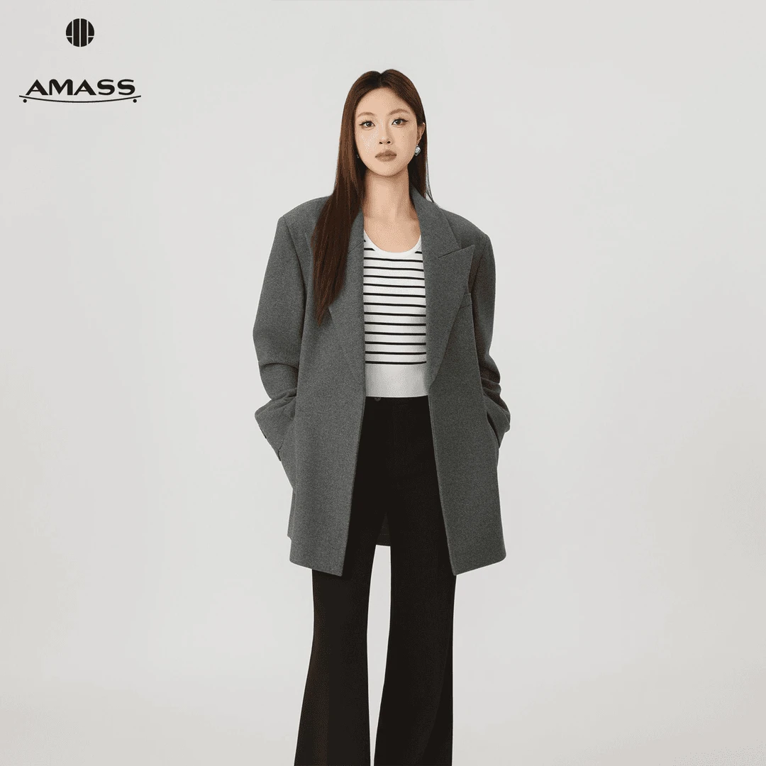 阿玛施AMASS 秋冬气质通勤直身版宽松廓形中长款羊毛西装女540094