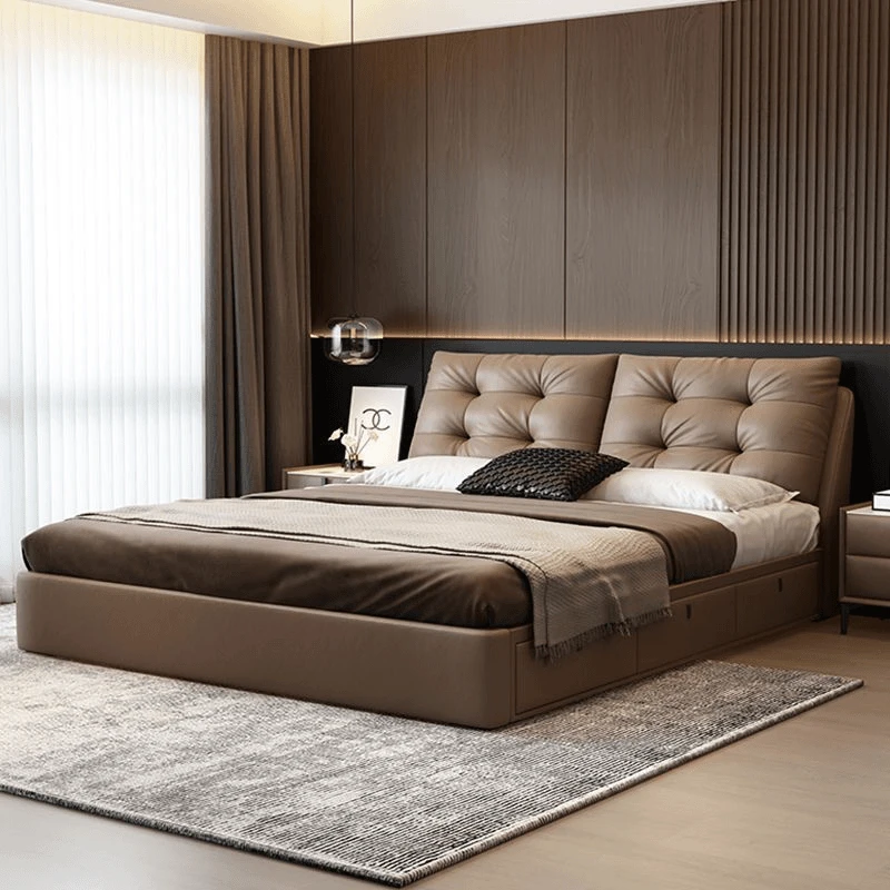小户型主卧次卧意式双人床牛皮皮艺现代简约轻奢婚床高端双人床