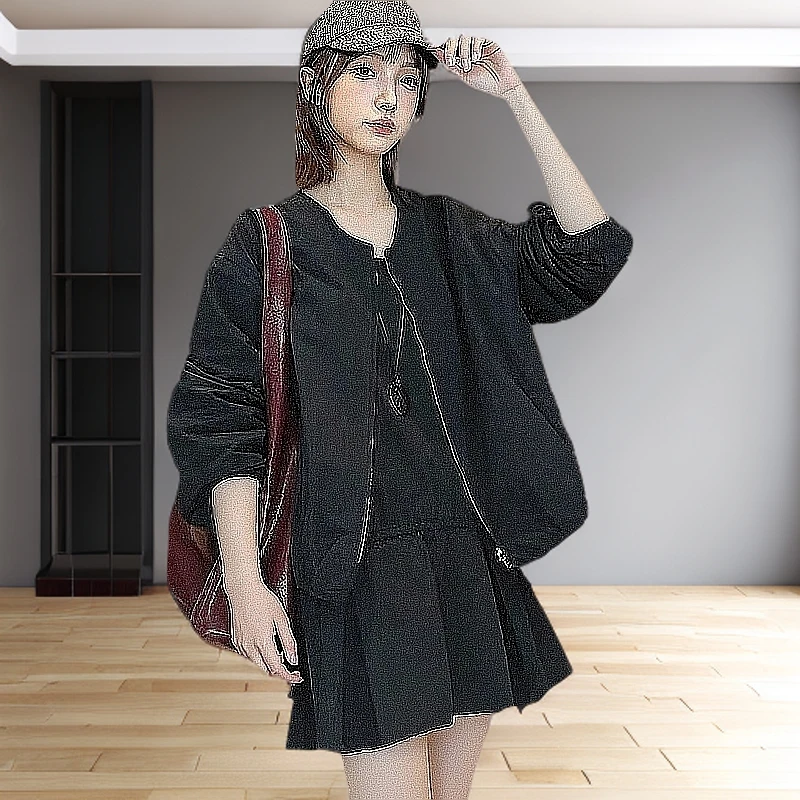 019长袖春季时尚百搭宽松显瘦复古洋气减龄圆领拉链设计感套装