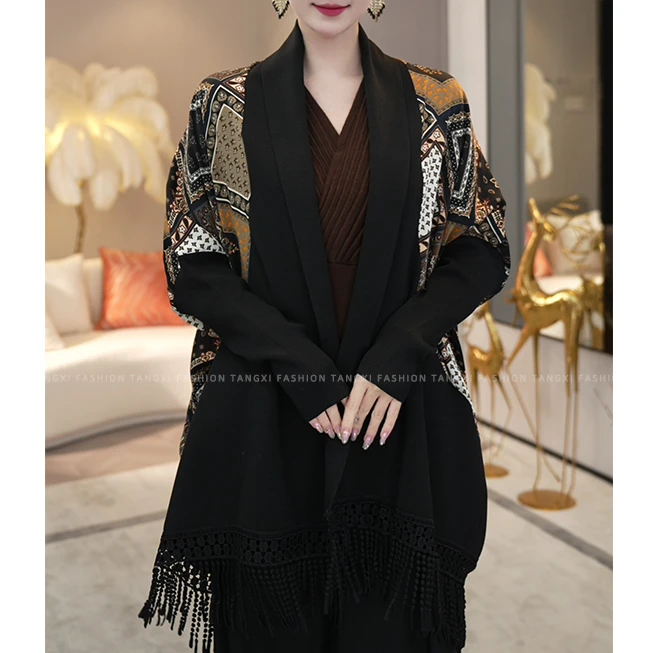 现货2025年秋冬季新款【5877】含绵羊毛宽松流苏披肩开衫咖色毛衣女