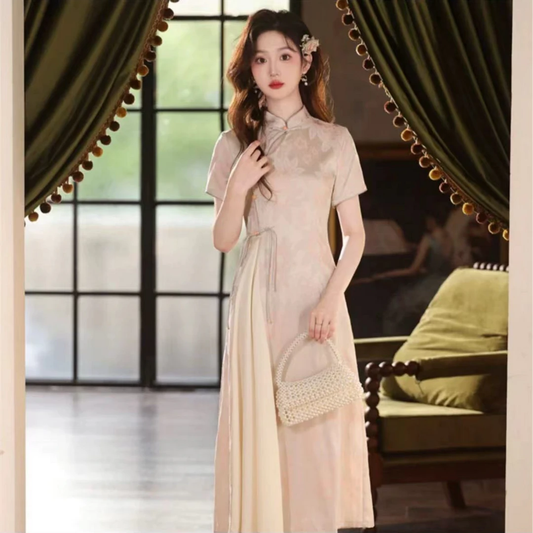 114-浅粉色 立体花 流苏 奥戴 旗袍