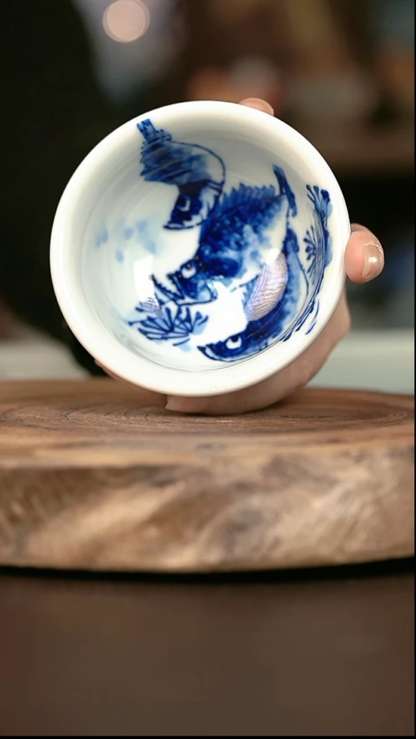 手绘 高温现代瓷  气窑 撒蓝  鱼藻大压100c