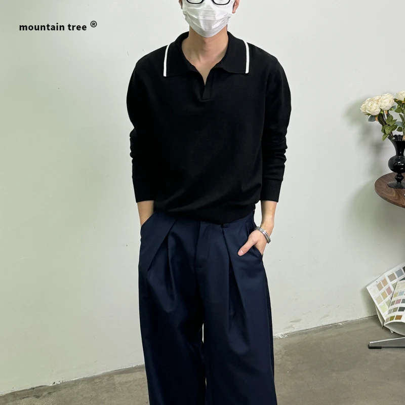 mountain tree老钱风翻领针织上衣秋冬通勤长袖海鸥领polo衫男