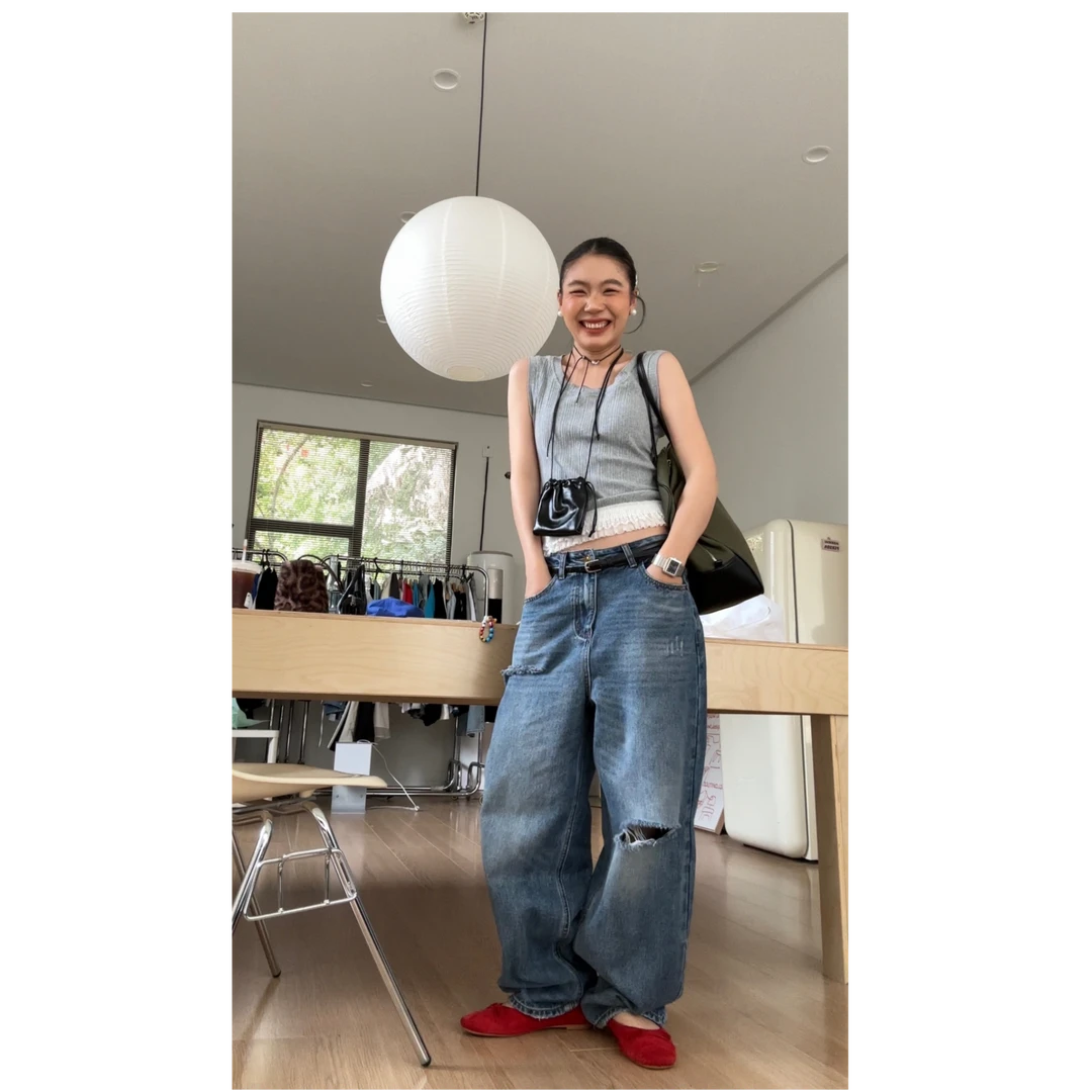 春夏新款韩系显瘦高腰破洞设计感水洗牛仔裤9889