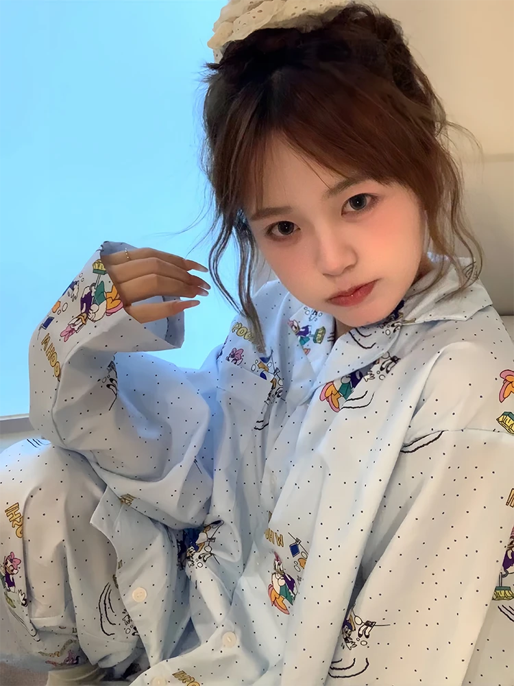 ins慵懒风可爱卡通趣味小鸭睡衣女春秋新款少女学生宽松家居服