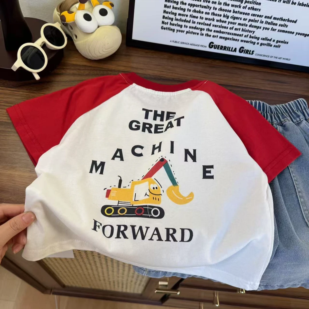 【JMJQ 25081】夏季新款中小童韩版撞色挖机印花短袖体恤