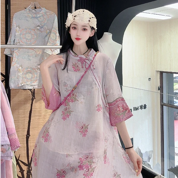 （知否.蝶舞）国风新中式春夏复古文艺宽松古风苎麻长袖刺绣上衣裙