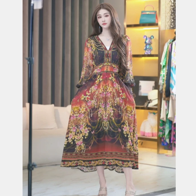 【媛媛女王】2025新款气质定位花夏季收腰显瘦连衣裙 241074