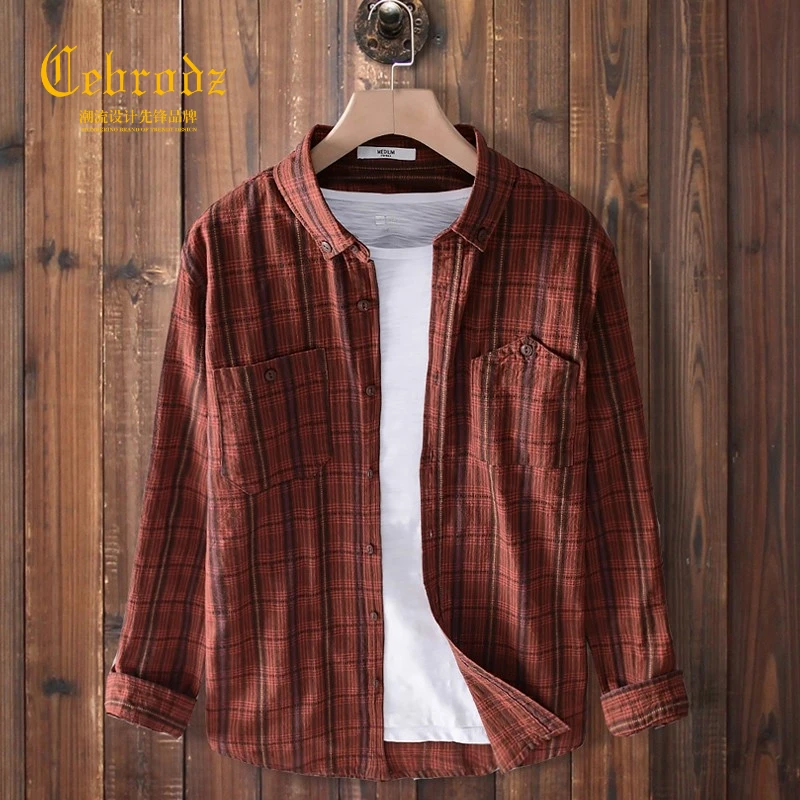 法国Cebrodz日系复古秋季青年长袖格纹双口袋男士文艺衬衫百搭