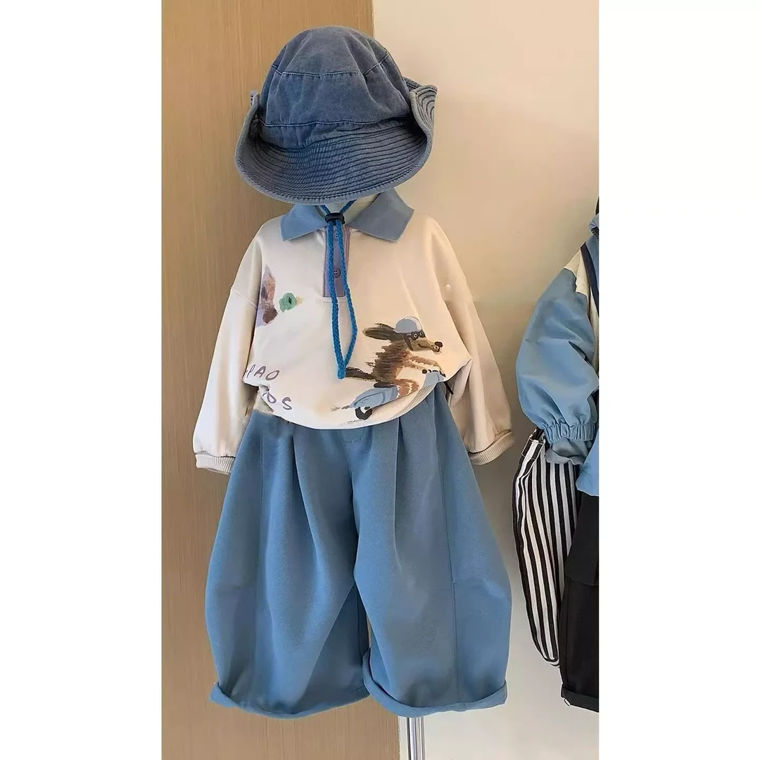 秋季男女宝同款POLO卫衣哈伦裤卡通印花宽松休闲韩版套装