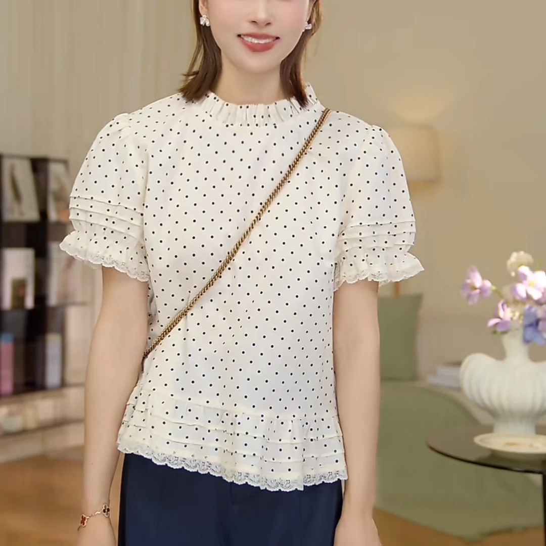 【现货】⑧七七146小个子法式苎麻混棉波点木耳边衬衫女夏季薄小美说