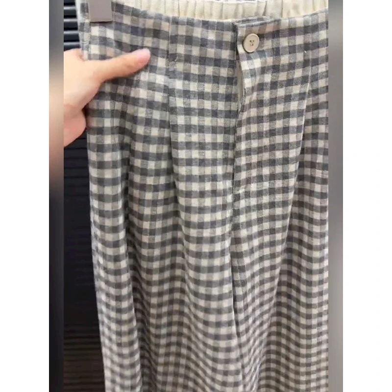欧货复古杏灰色格子阔腿裤女2025秋季新款小众高腰显瘦直筒休闲裤