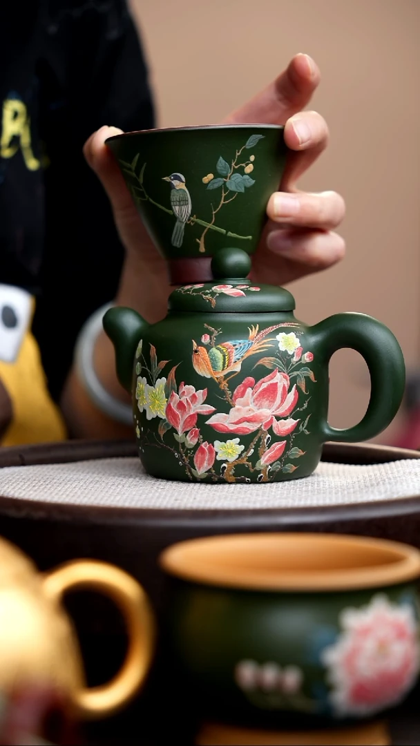 茶壶紫砂?****?民国绿道洪静其双面泥绘+杯