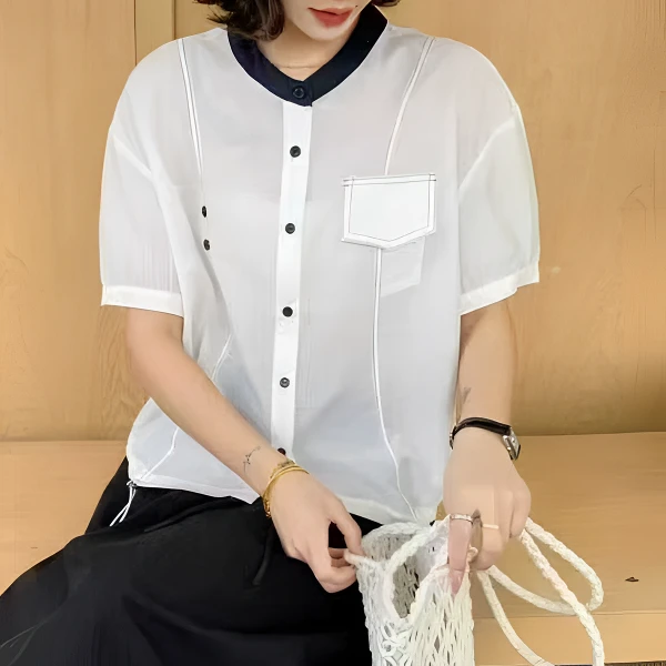 线条|抽绳束口白色短袖衬衫夏季衬衣上衣女