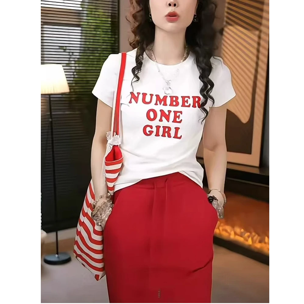 韩系chic圆领正肩短袖T恤女2025夏季爆款字母印花修身显瘦上衣潮