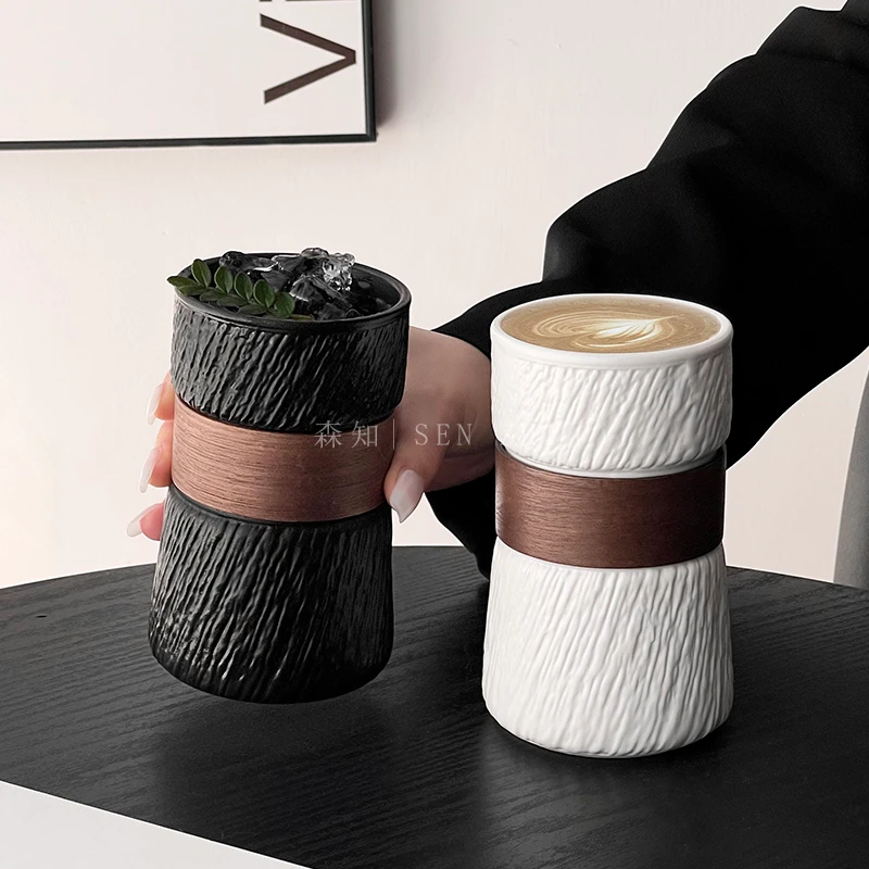 复古陶瓷旋风竹套咖啡杯高级感拿铁拉花杯冰美式冷饮杯防烫水杯子