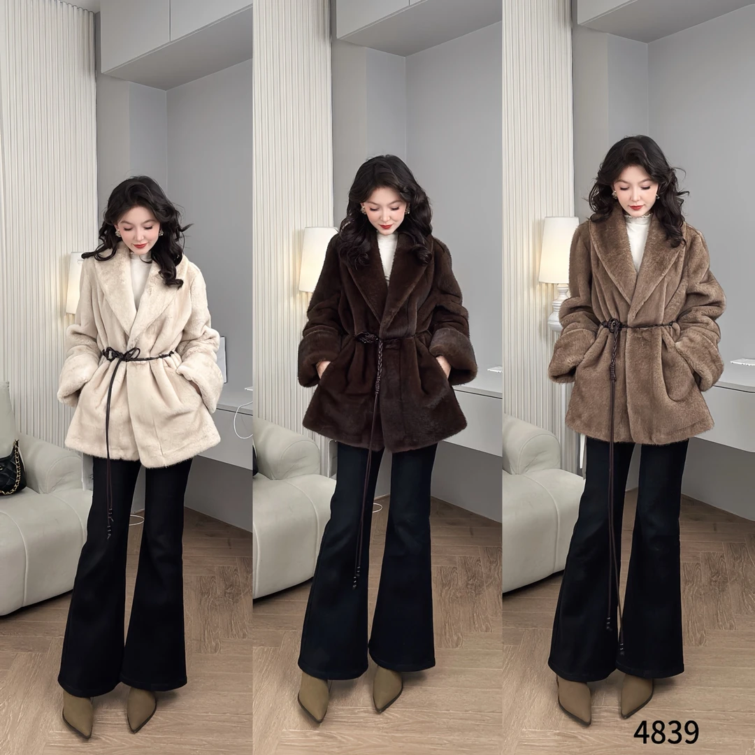 Saeda秋冬新款翻领中长款环保仿皮草毛毛大衣外套冬高级感 YF4839