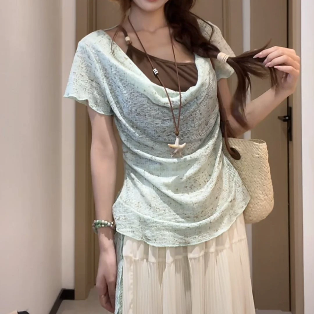 绿色假两件短袖正肩T恤女夏季设计感小众薄款冰丝针织短款上衣服