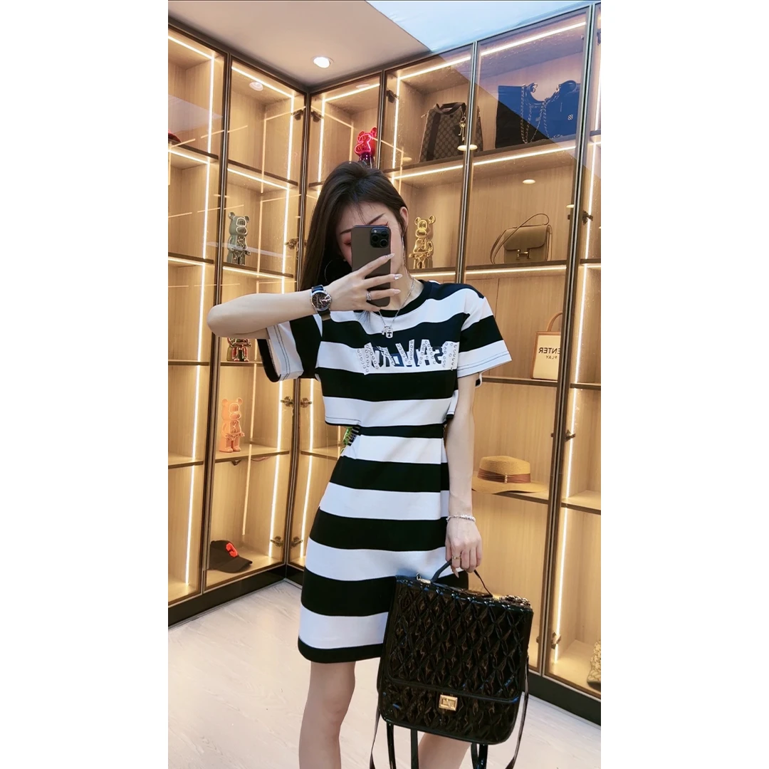 【条纹系列】时尚气质撞色条纹收腰设计感短袖休闲连衣裙
