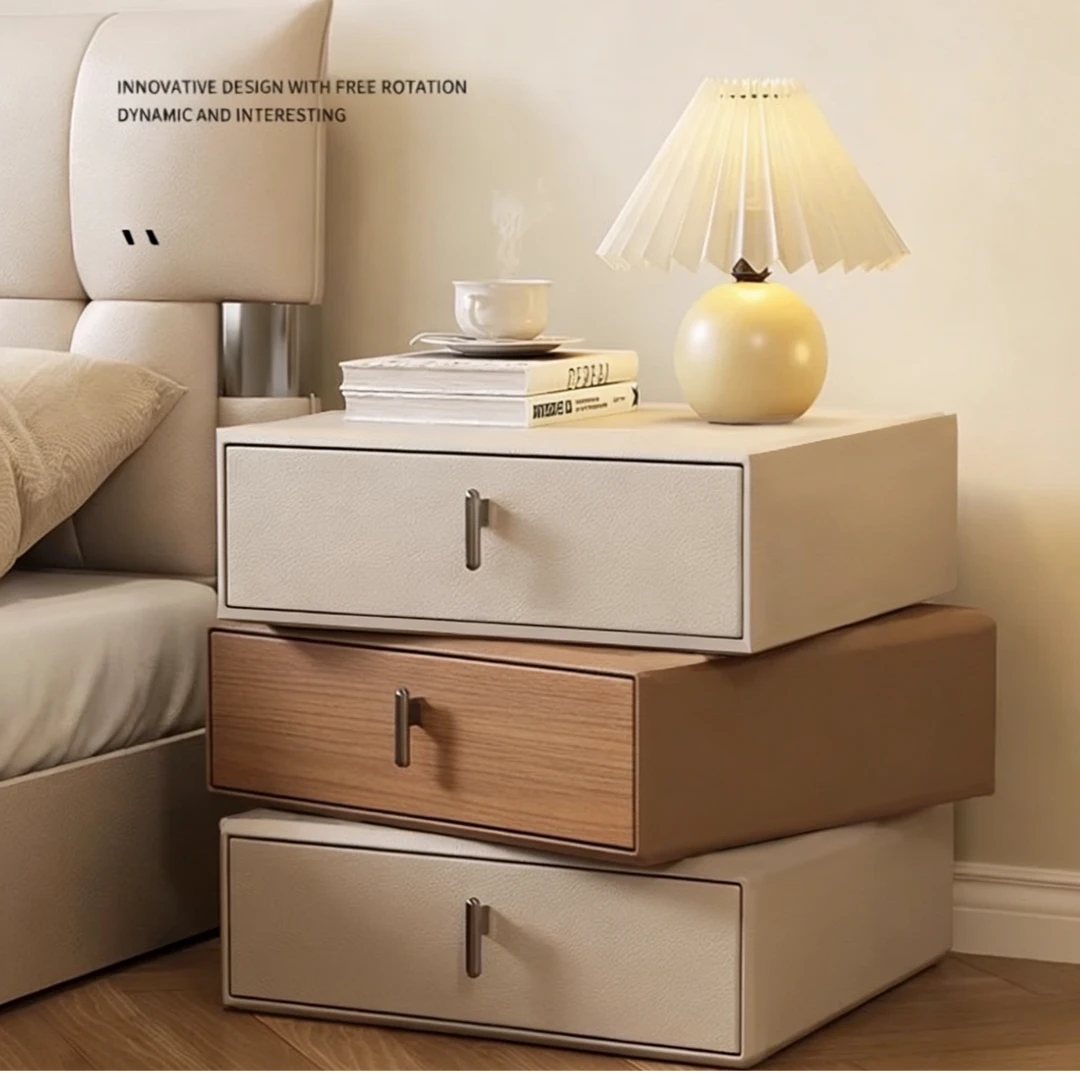 2026年新款设计师意式皮革360可旋转全实木床头柜简约现代创意
