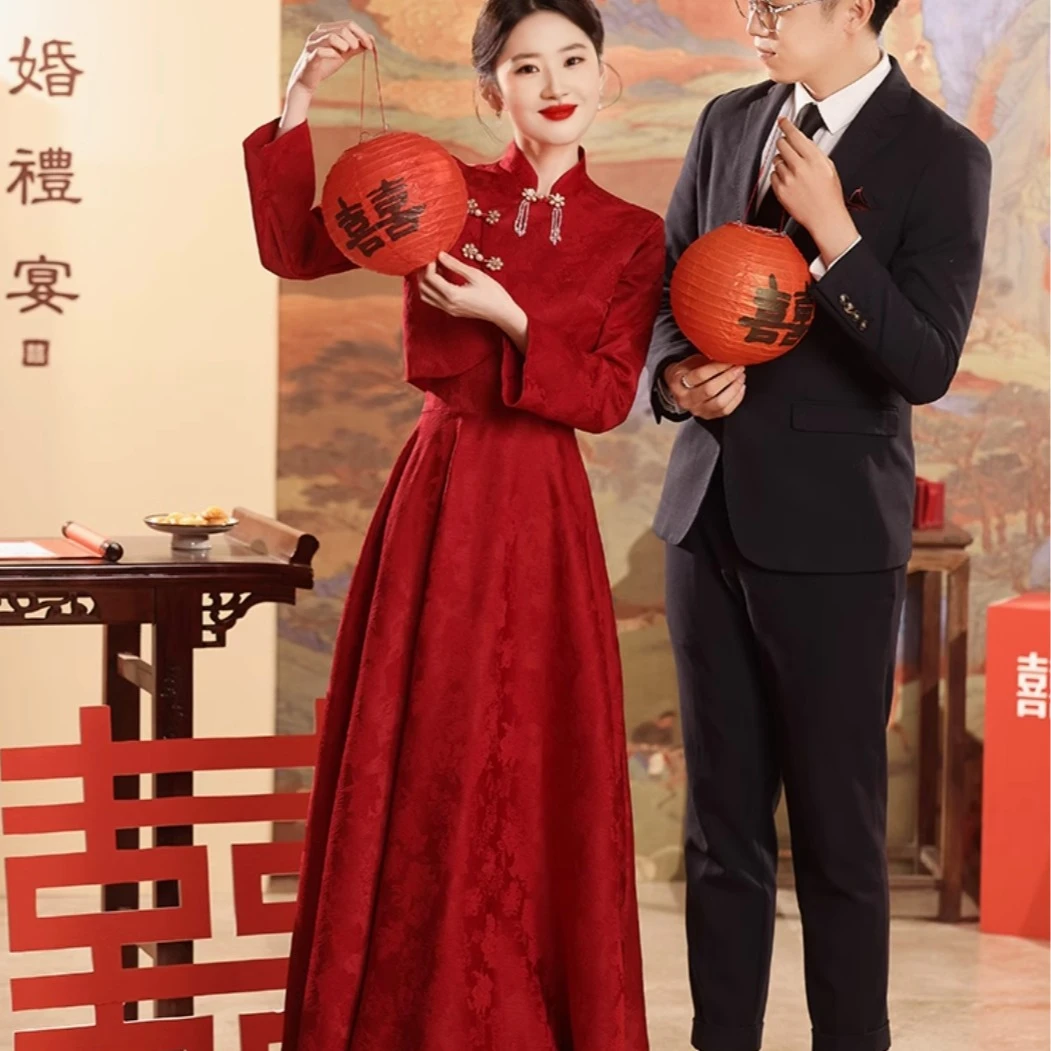 新中式上衣女款复古立领搭配吊带坠地长裙中国风礼服女款9808
