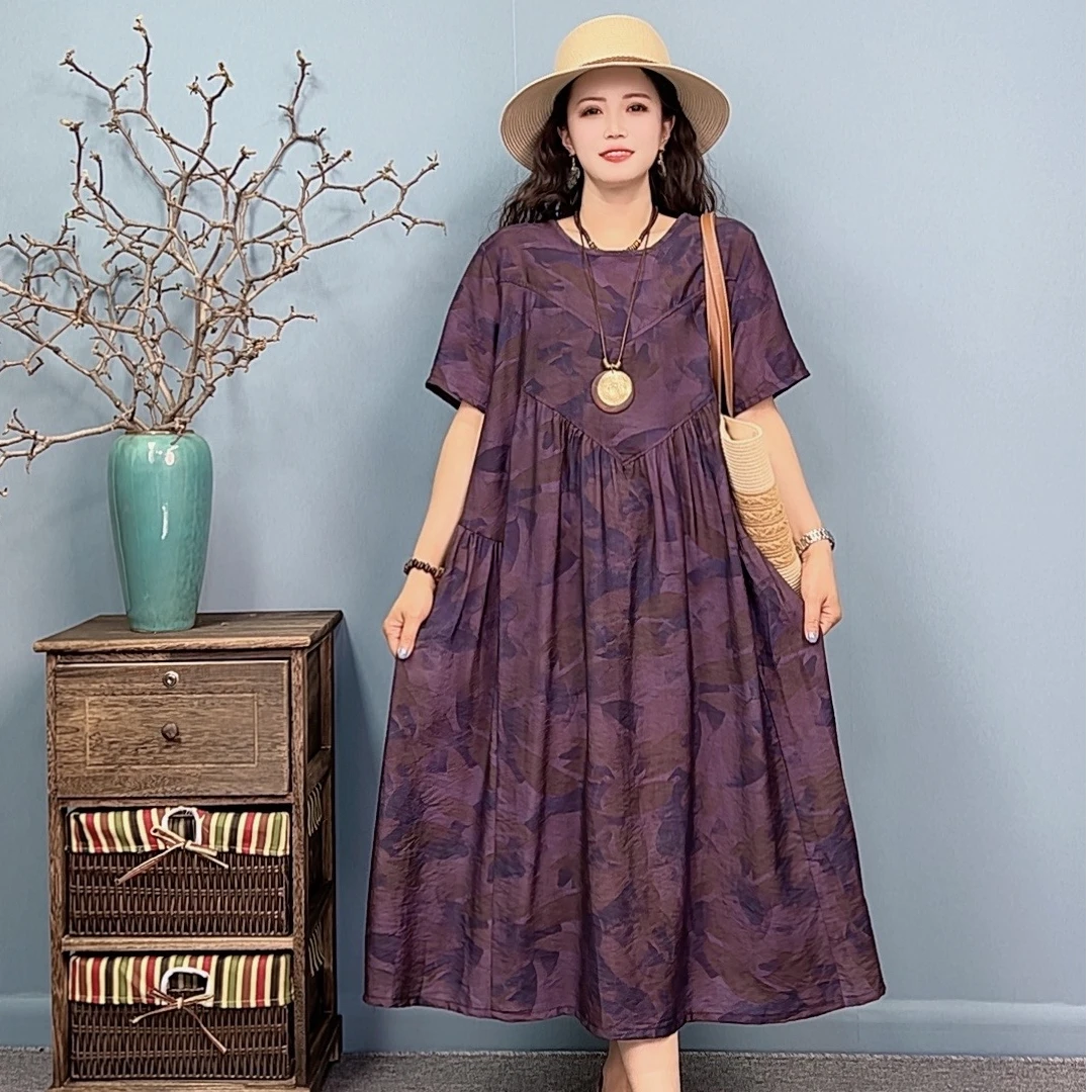 25025夏季新款气质减龄百搭休闲宽松遮肉显瘦显白透气圆领连衣裙