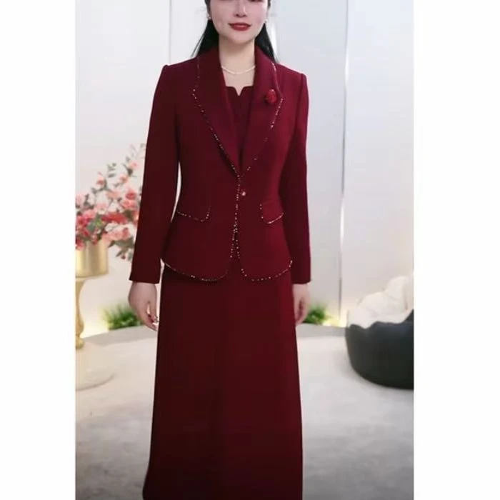 [茵茵女装两件套]3381新款改良气质妈妈装轻奢国风显瘦喜妈妈红色