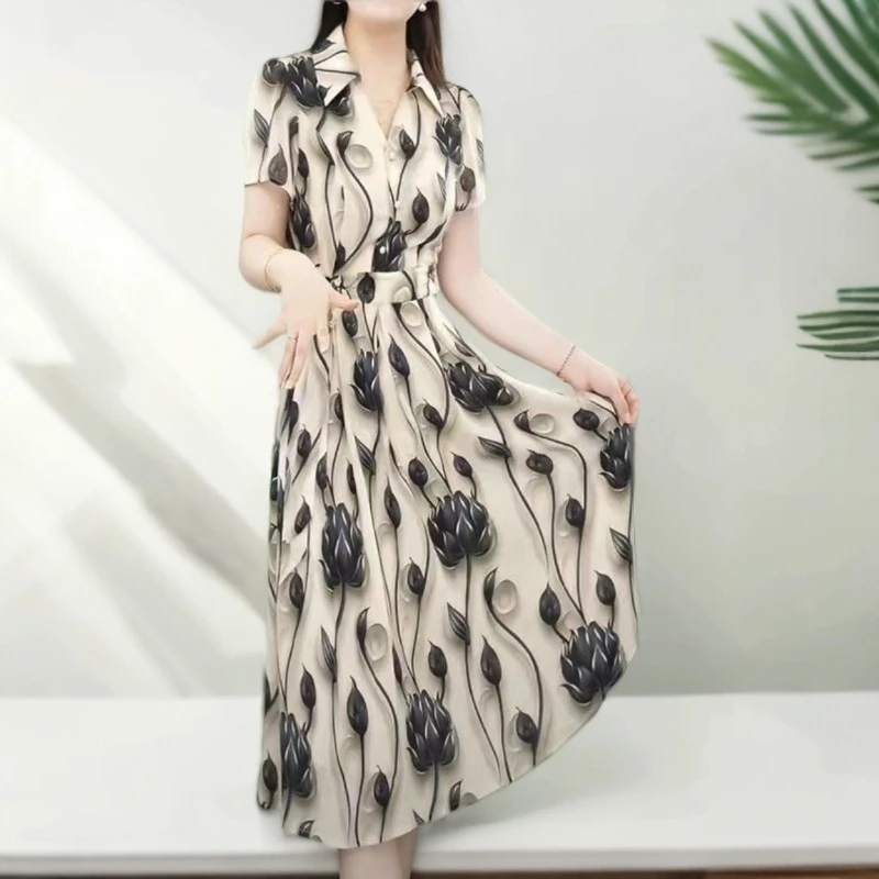 9757-夏季新款中高腰短袖气质收腰显瘦妈妈装连衣裙（A17-1-3）