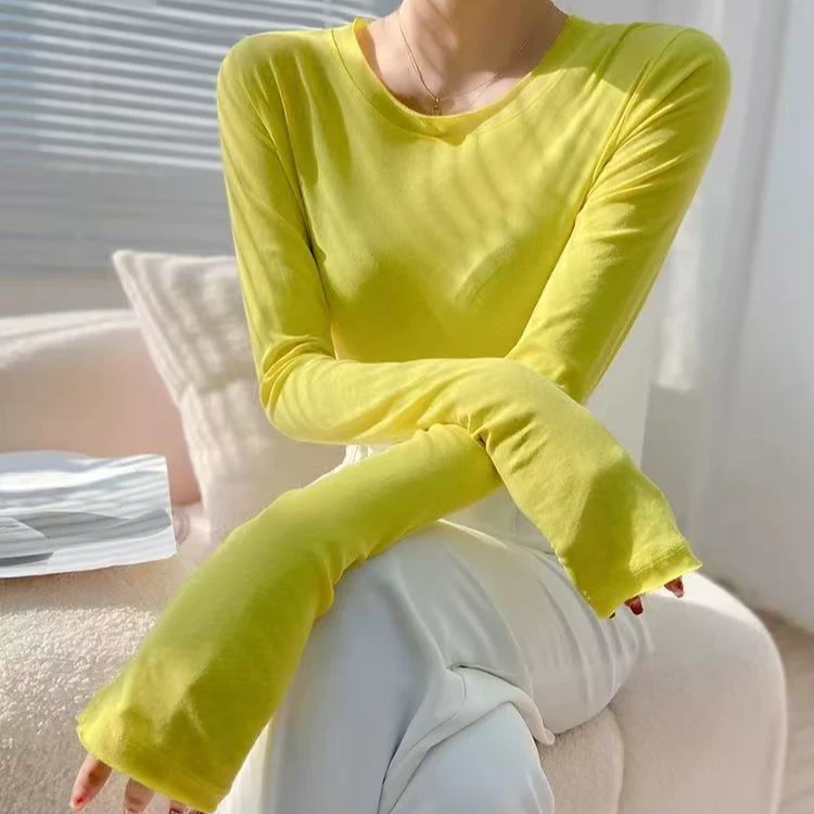 修身长袖t恤圆领打底衫女春款2025新款内搭面膜微透上衣薄款纯色