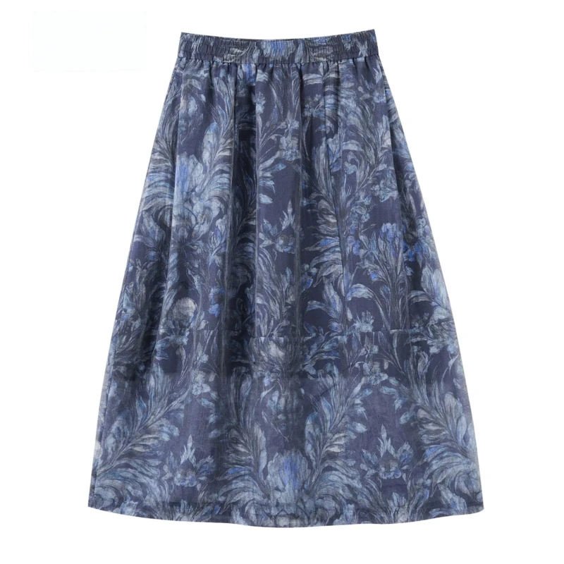 天丝亚麻A字网纱印花半身裙显瘦法式气质2025夏季中长轻薄花苞裙