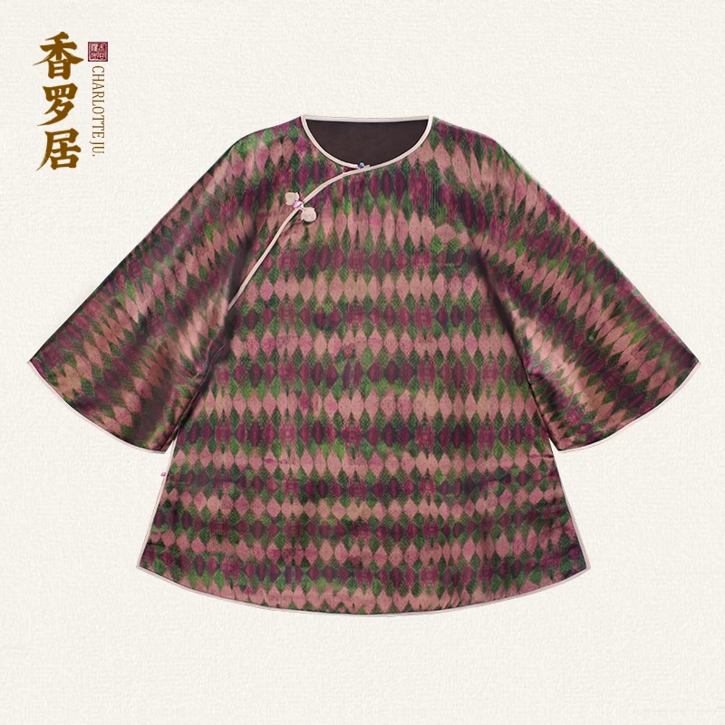 【浅希】中式复古女装100%桑蚕丝香云纱斜襟印花气质女士上衣