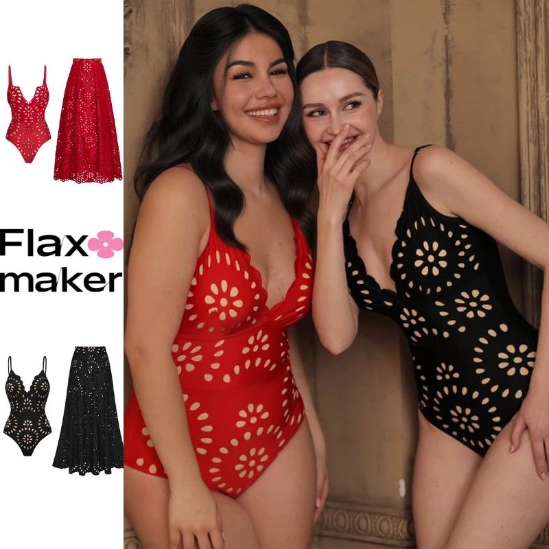 FlaxmakerINS风复古深V镂空海滩度假泳装连体女式遮肉泳衣 高级感