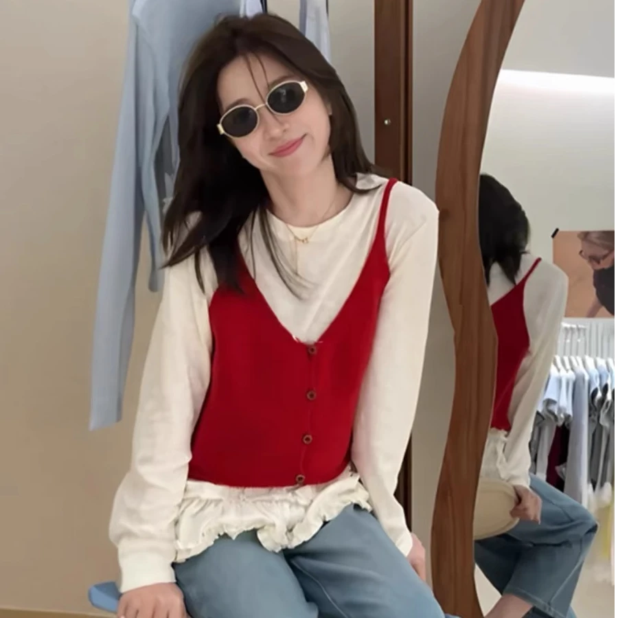 韩系chic叠穿毛衣吊带开衫女短款宽松外穿针织背心百搭休闲小马甲