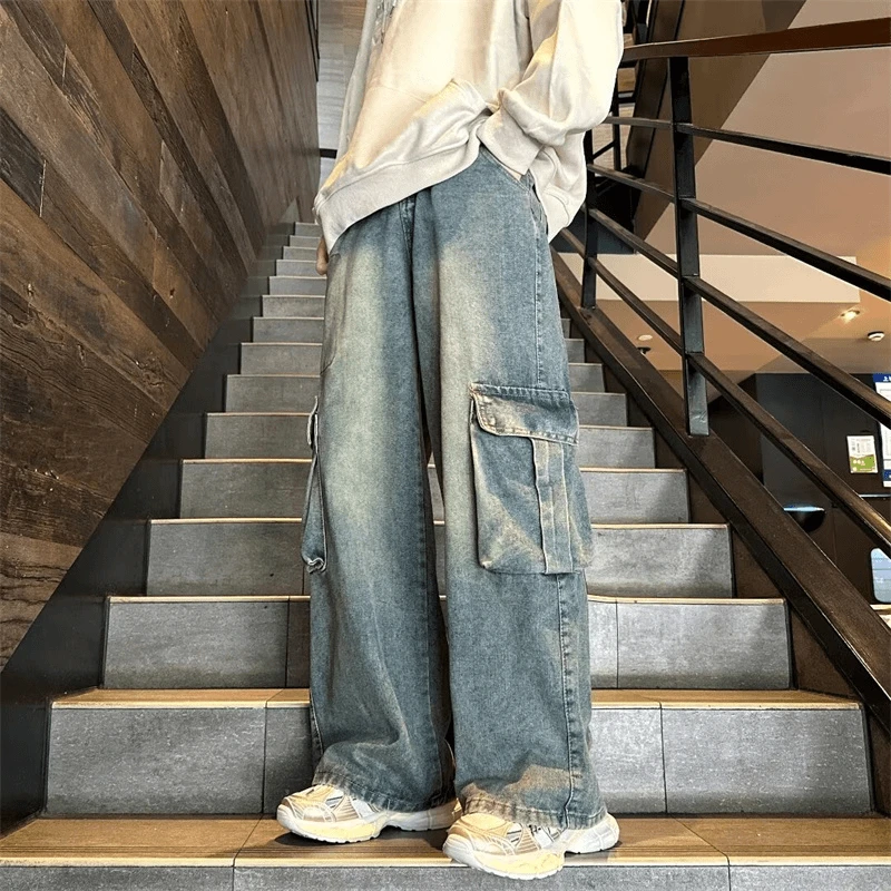 PLQV新款美式牛仔裤工装大口袋休闲直筒情侣大码百搭宽松显瘦高街