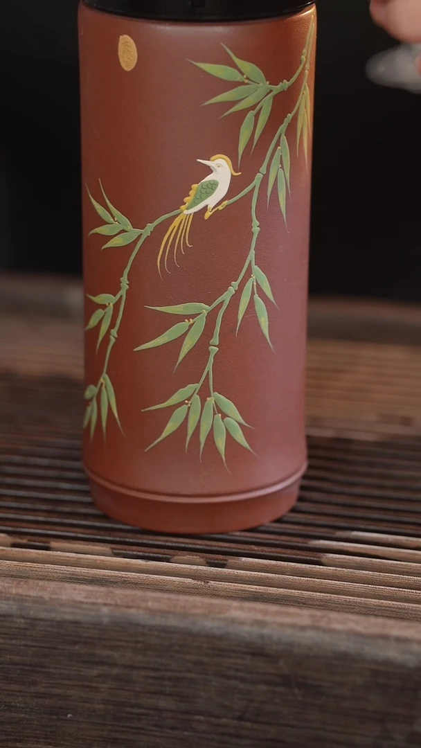 茶壶紫砂双层保温杯 北红赤铁 小鸟 340cc