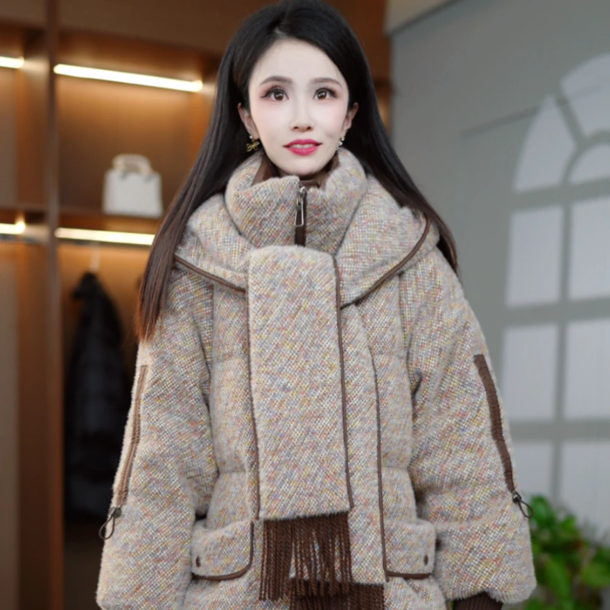 时尚百搭气质围巾领大码2025新款冬季白鸭绒羽绒服M-XL